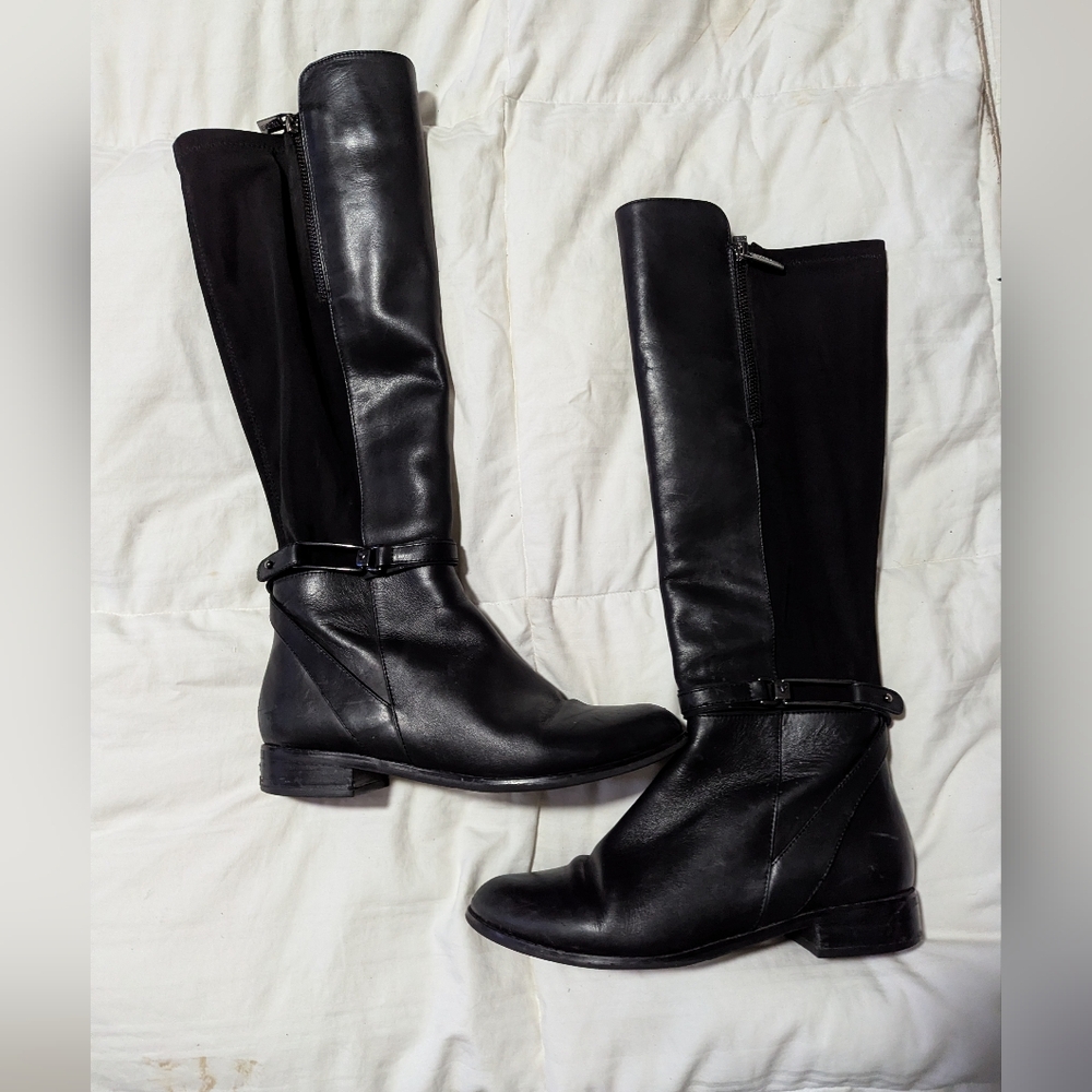 Valdini Size 7.5 Black Knee-High Leather & Fabric Boots